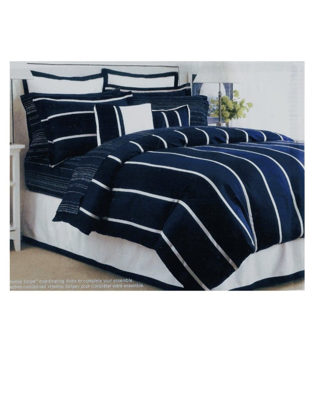 5pc~NEW~Vtg TWIN Comforter+Sham+Deep Fitted Sheet Set~Nautica navy blue stripes